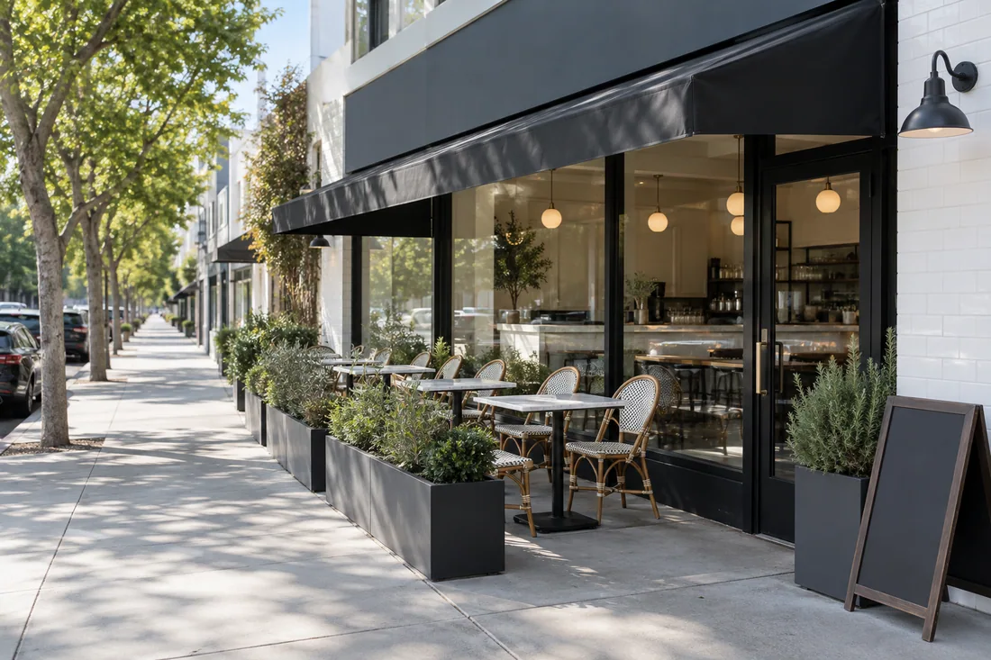 Sidewalk dining area in Los Angeles with tables kept to the storefront and a clear walkway beside them