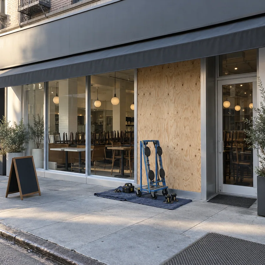 Restaurant storefront mid-remodel with one bay of new glass installed and the next bay closed with plywood