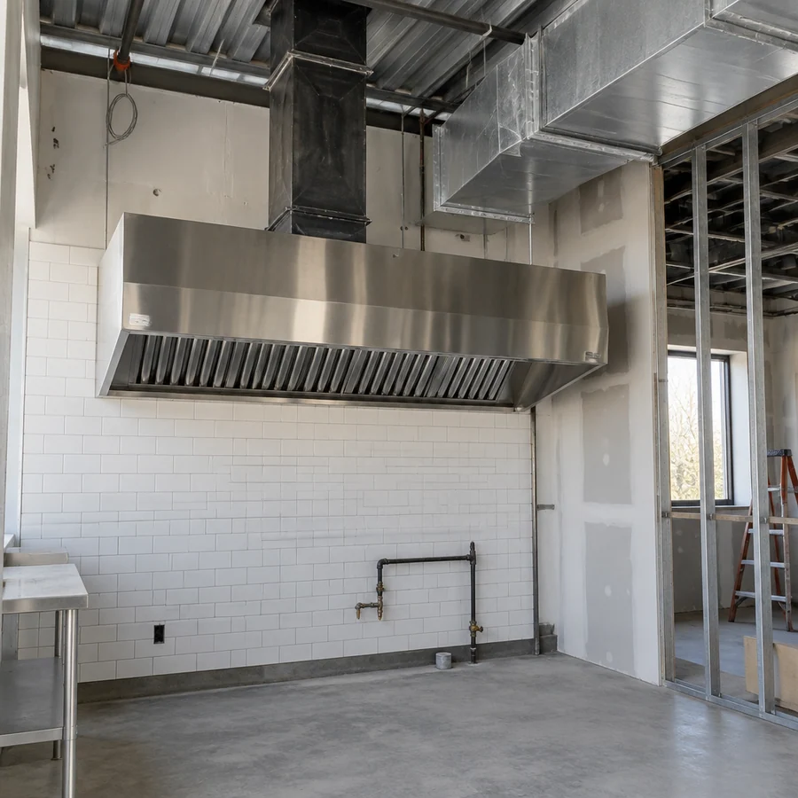 Type I hood and welded grease duct set in a restaurant kitchen under construction, before the rough inspection