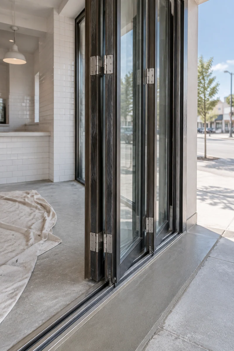 Folding glass storefront panels being installed at a café remodel in Santa Monica, CA