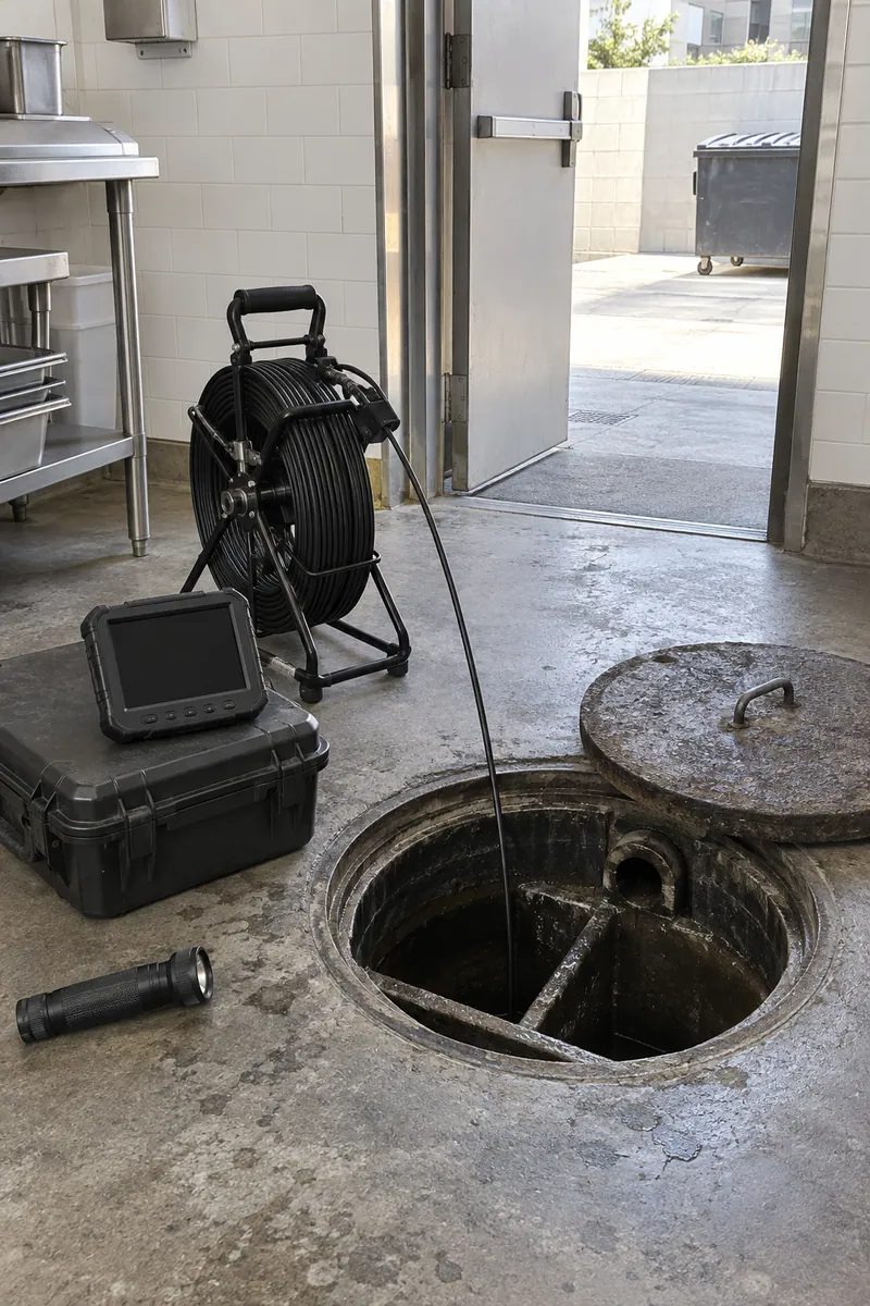 Sewer inspection camera reel beside an open grease interceptor lid at a vacant second-generation restaurant