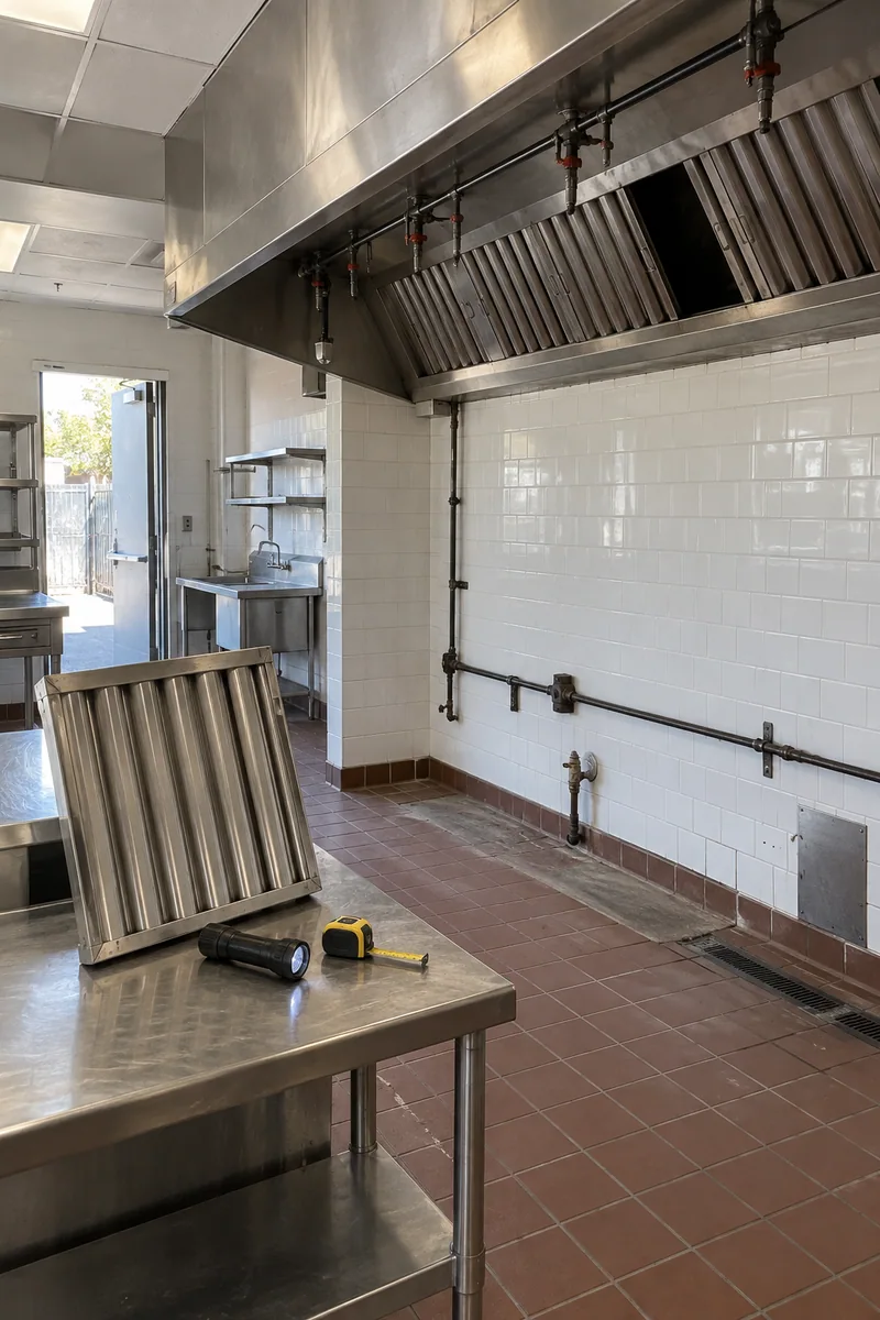 Existing hood in a vacant second-generation restaurant kitchen with one baffle filter removed for inspection