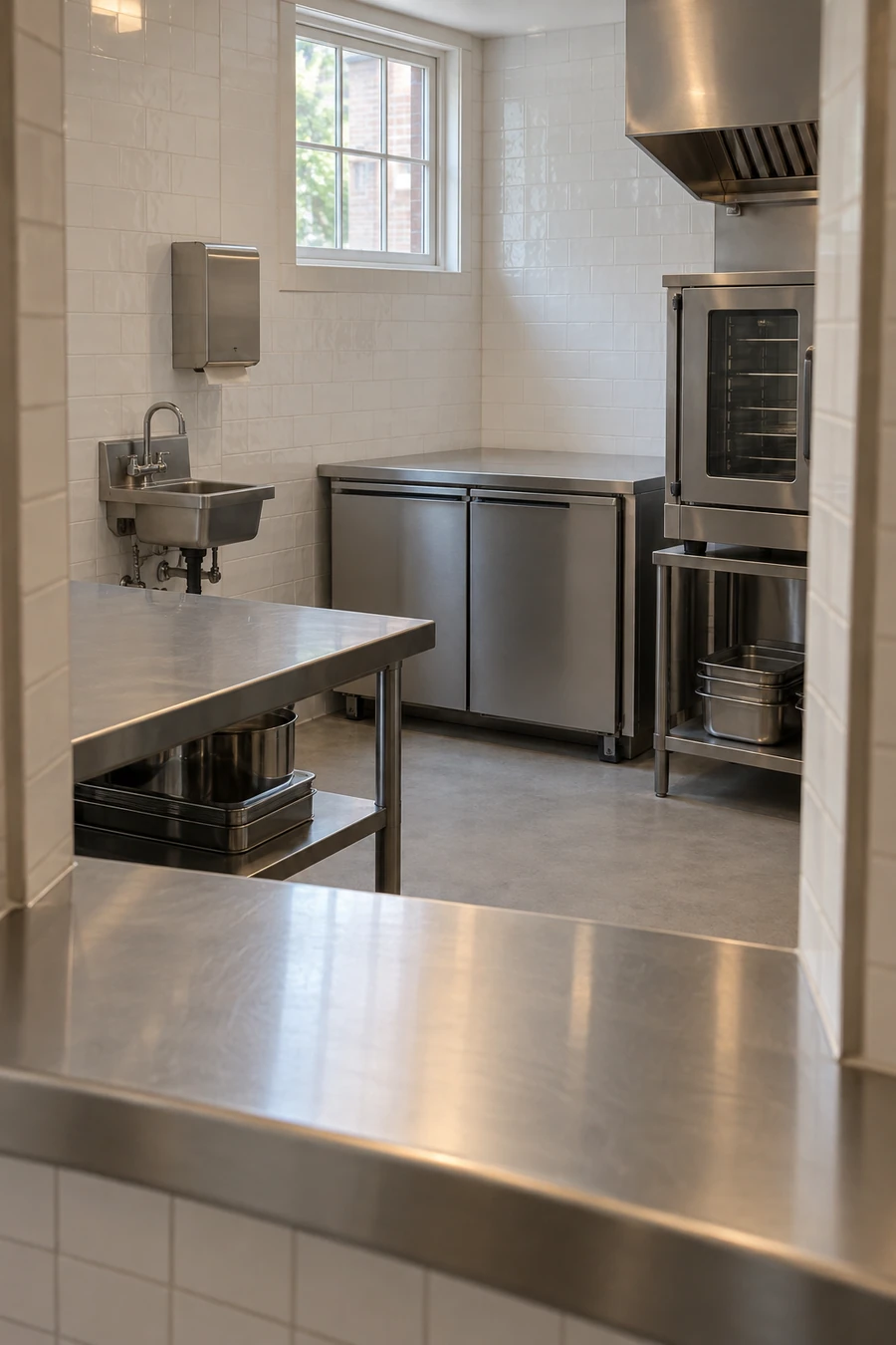 Compact restaurant kitchen behind a café counter in South Pasadena, with a hand sink, prep table and pass shelf