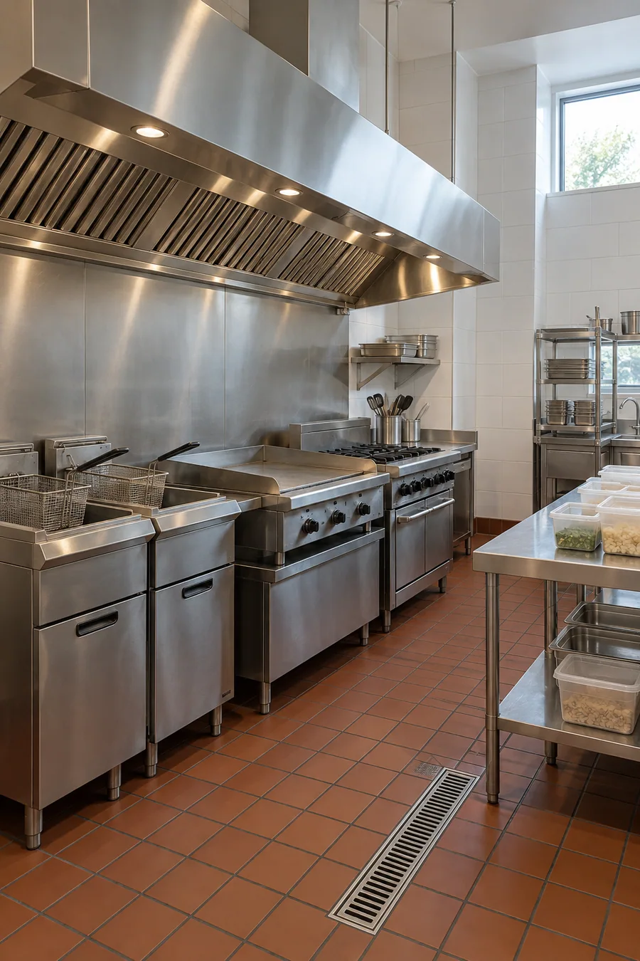 Fast-casual kitchen line under a new Type I hood in a Torrance strip-center restaurant