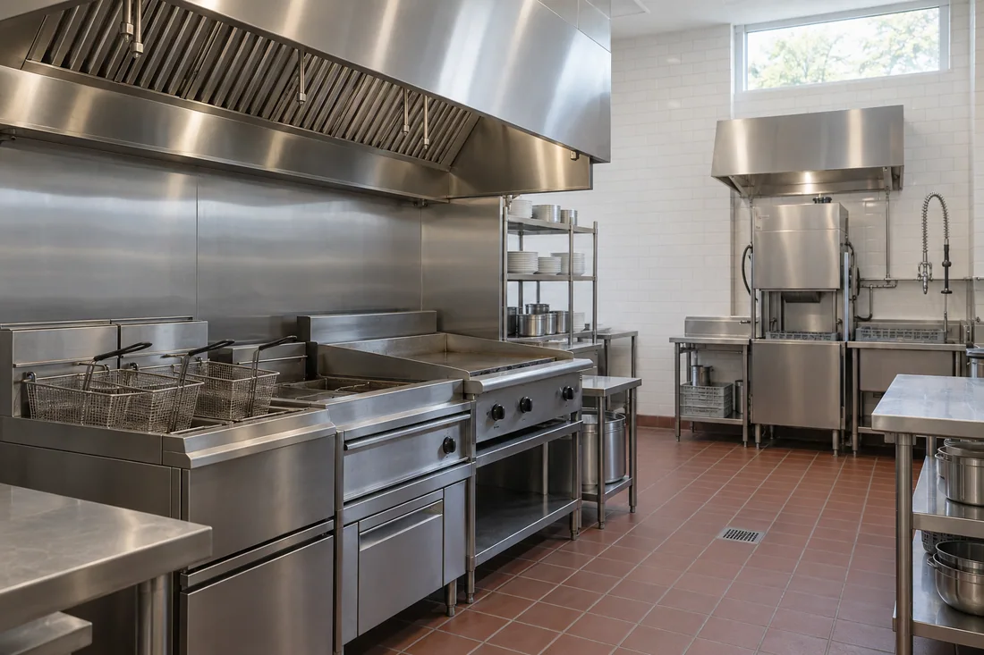 Type I hood over fryers and a griddle beside a smaller Type II hood over the dish machine