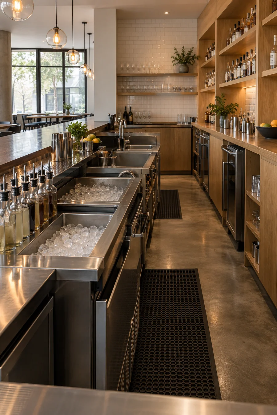 Rebuilt cocktail bar in a West Hollywood lounge with stainless ice wells and a new oak back bar