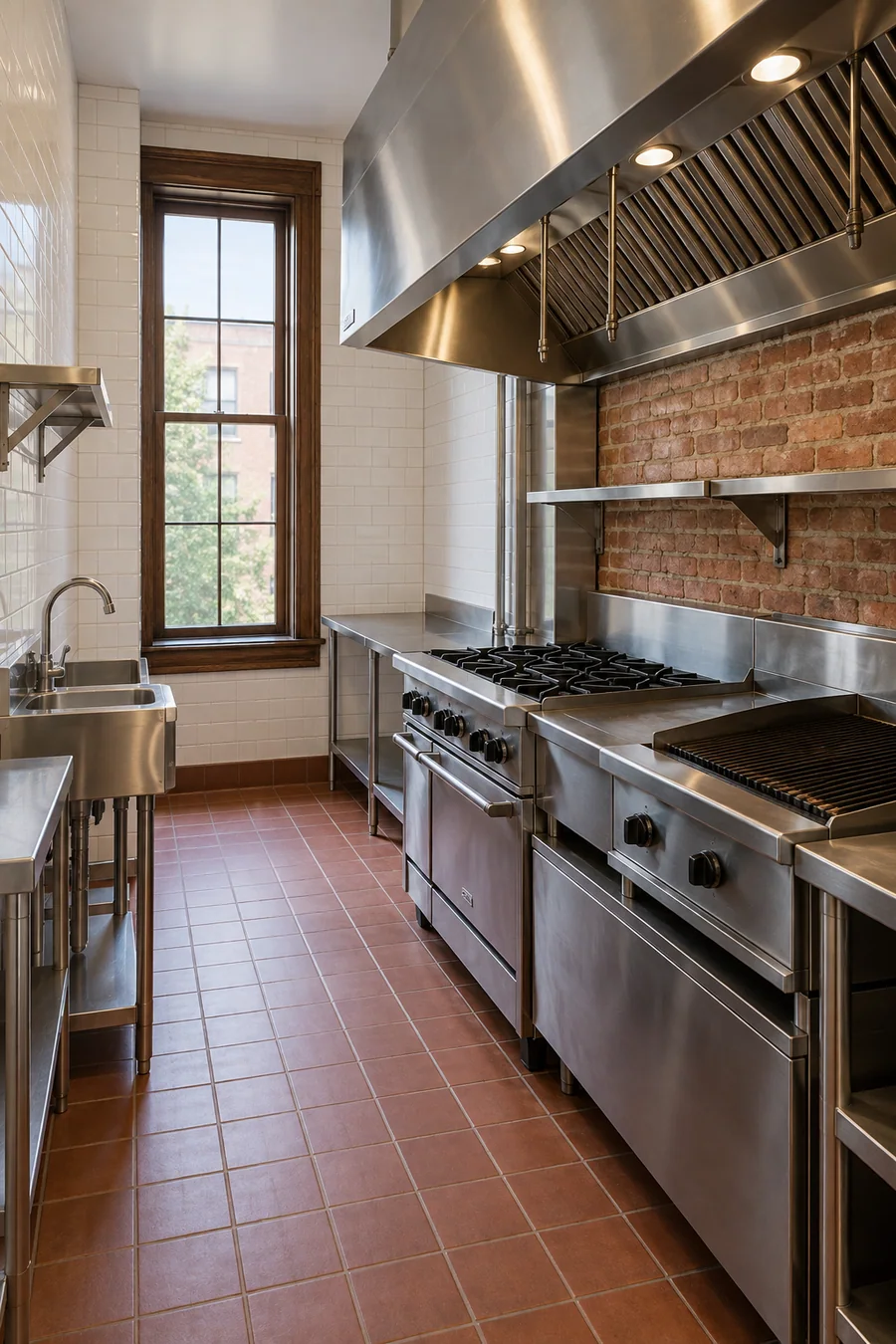 New restaurant kitchen with a stainless hood against an original brick wall in an older Whittier, CA building