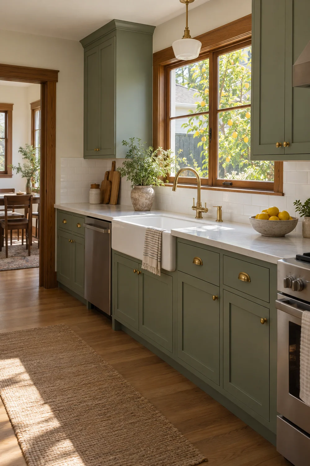 Finished kitchen remodel in a Los Angeles Craftsman house with green cabinets and white subway tile