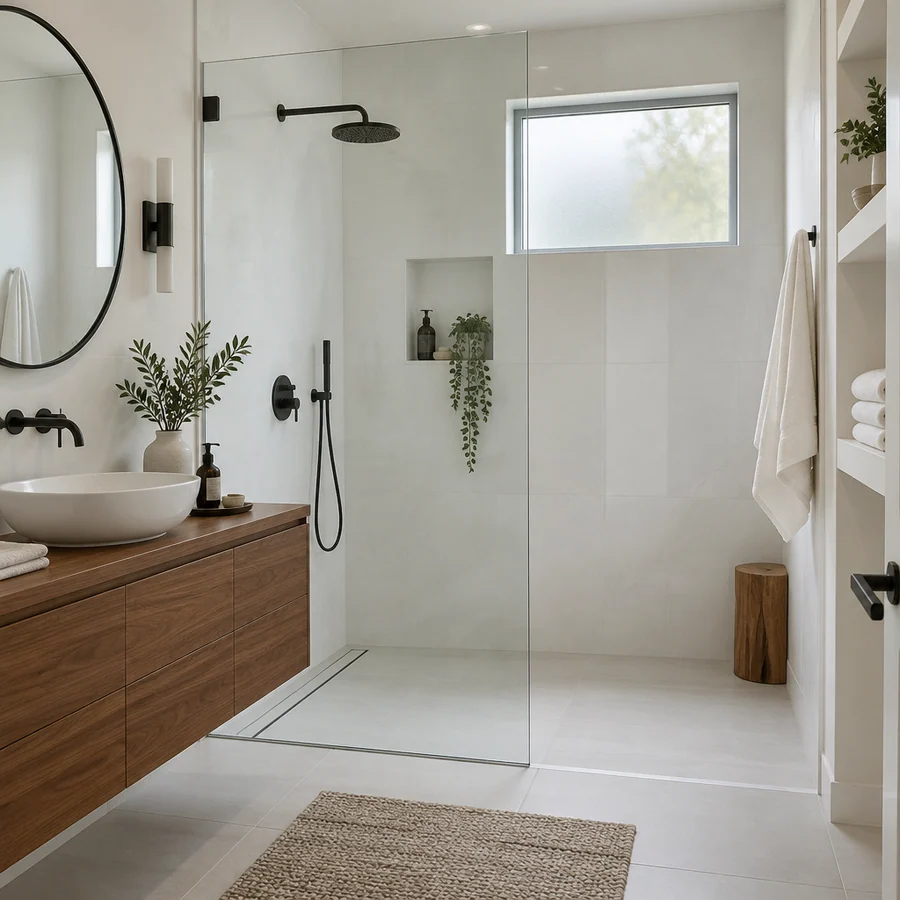 Finished bathroom remodel in Los Angeles with a white tile walk-in shower and a wood vanity