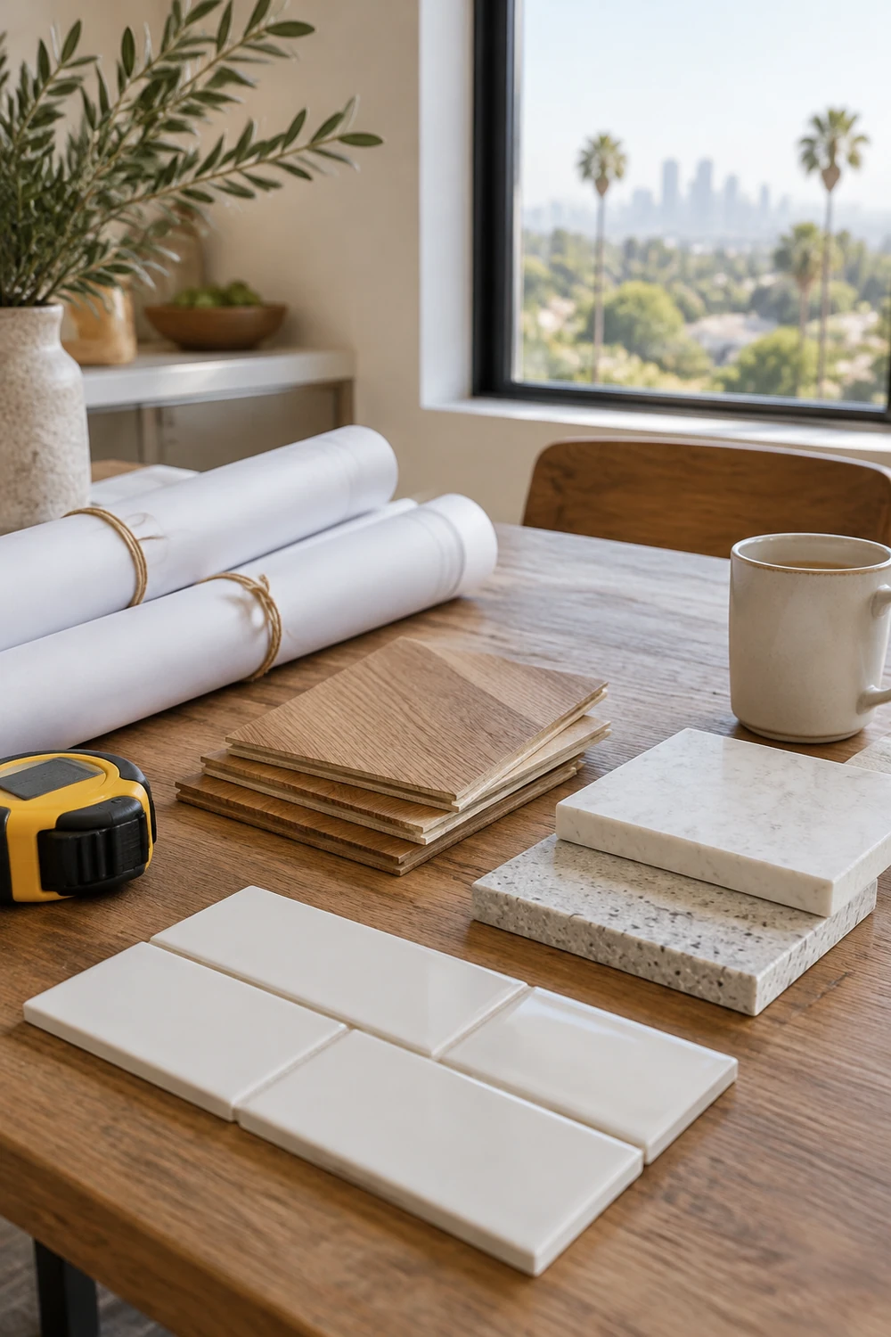 Rolled plans, a tape measure and finish samples on a work table in a bright Los Angeles home