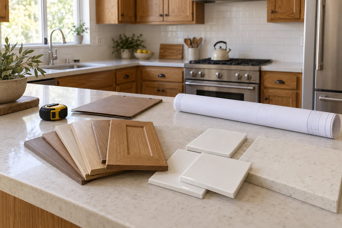 Kitchen island set up for a free in-home estimate visit in Los Angeles, with plans and finish samples